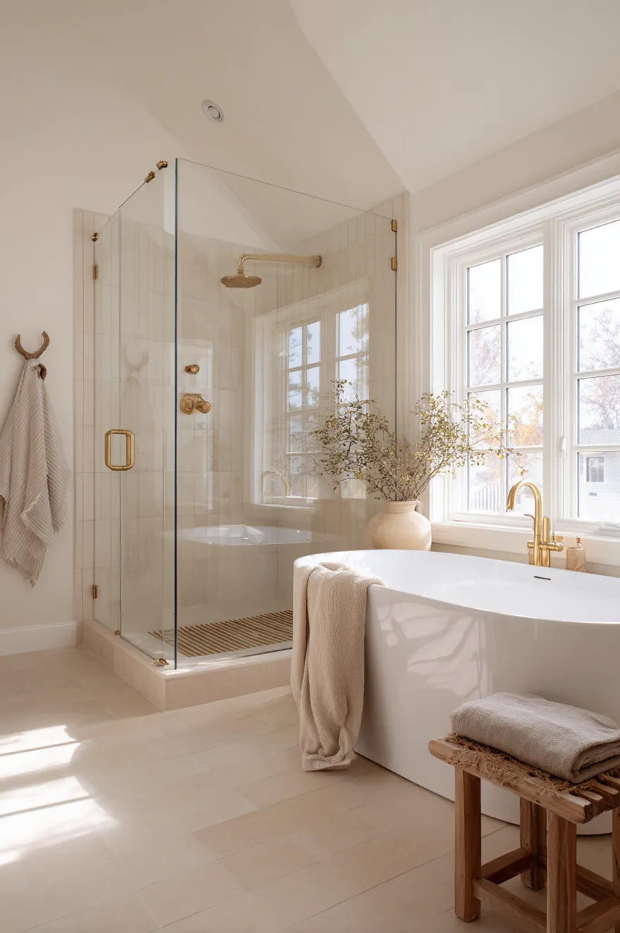 Master bathroom walk in shower with floor-to-ceiling privacy glass windows on two sides, warm cream porcelain, brushed gold linear drain, and rainfall ceiling head.