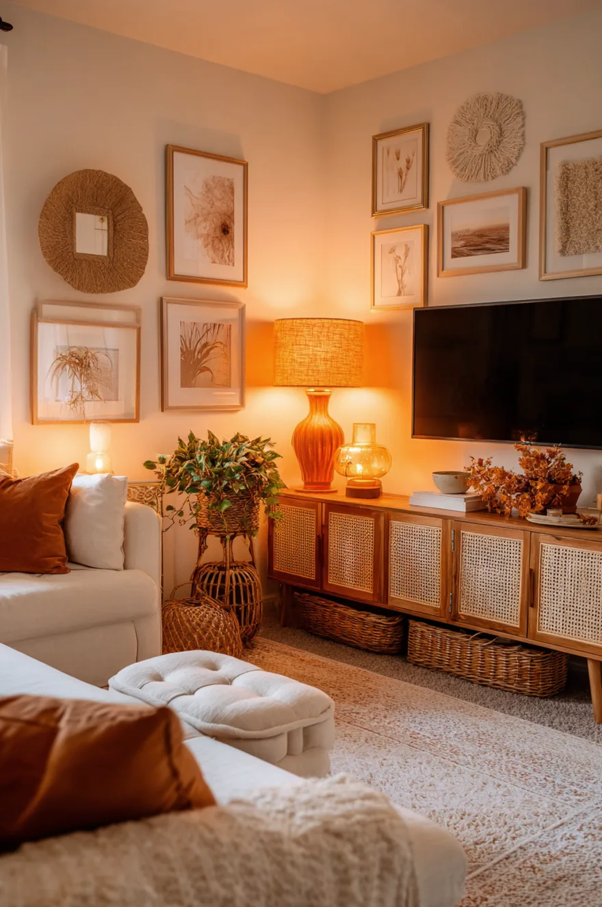 Vintage rattan sideboard repurposed as a TV console with warm amber lamps, a gallery of woven fiber art above the screen, and open rattan baskets hiding cords on the lower shelf.