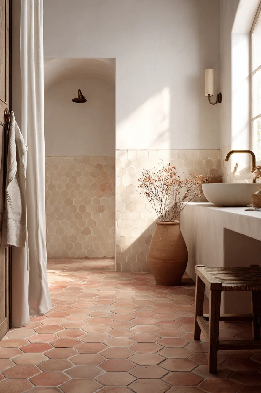 Matte terracotta hex tile covering the floor, wainscot, and shower base with smooth warm white plaster walls above, a wall-mount brass faucet over a white ceramic basin, and a wooden stool.