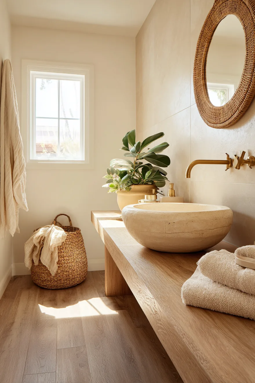 Budget organic modern bathroom with oak-look vinyl plank flooring, a ceramic vessel sink, limewash paint over existing tile, and a small real stone slab backsplash behind the faucet.