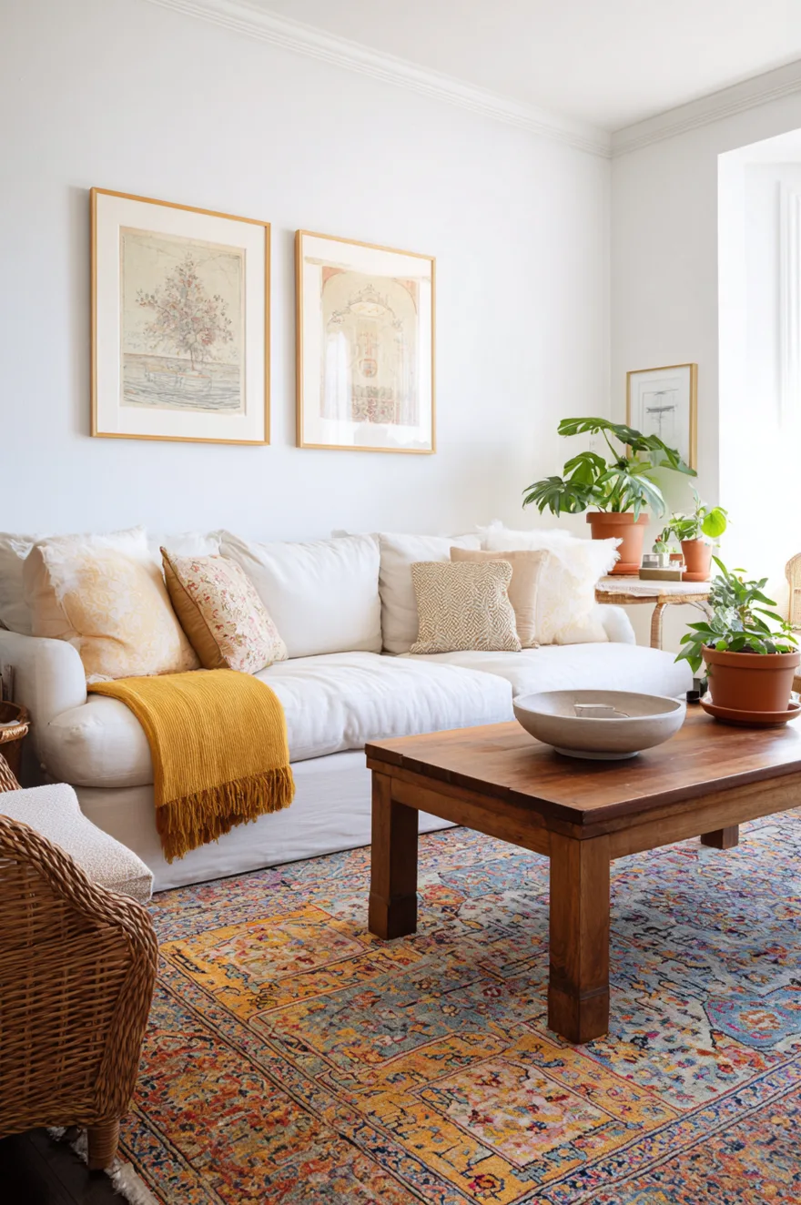 Multicolor vintage Persian rug with warm yellow tones anchoring a neutral living room with a cream linen sofa, rattan side table, and mustard wool throw.