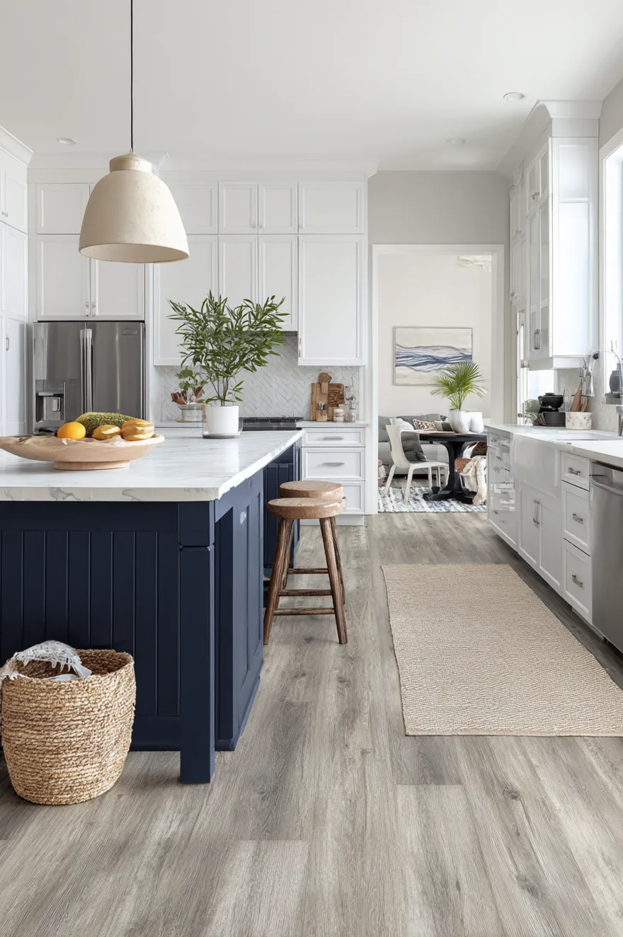 Click-lock luxury vinyl tile kitchen floor in smoked oak plank format with white painted cabinets, a deep navy island, a woven basket, and a linen runner in bright natural daylight.