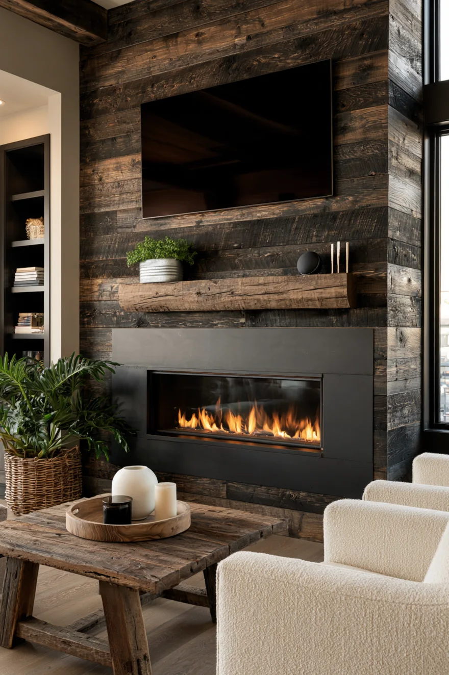 Rustic modern accent wall covered in heavily grained, multi-toned dark charred wood planks with a built-in black steel linear fireplace surround featuring bright burning flames. A massive, rough-hewn raw timber beam mantel shelf sits above the fireplace, holding a green plant in a galvanized metal pot, a round dark smart speaker, and thin metallic candlesticks beneath a large flush-mounted television screen. In the foreground, a matching rustic reclaimed wood block coffee table holds a round wood tray with white ceramics near cream armchairs.