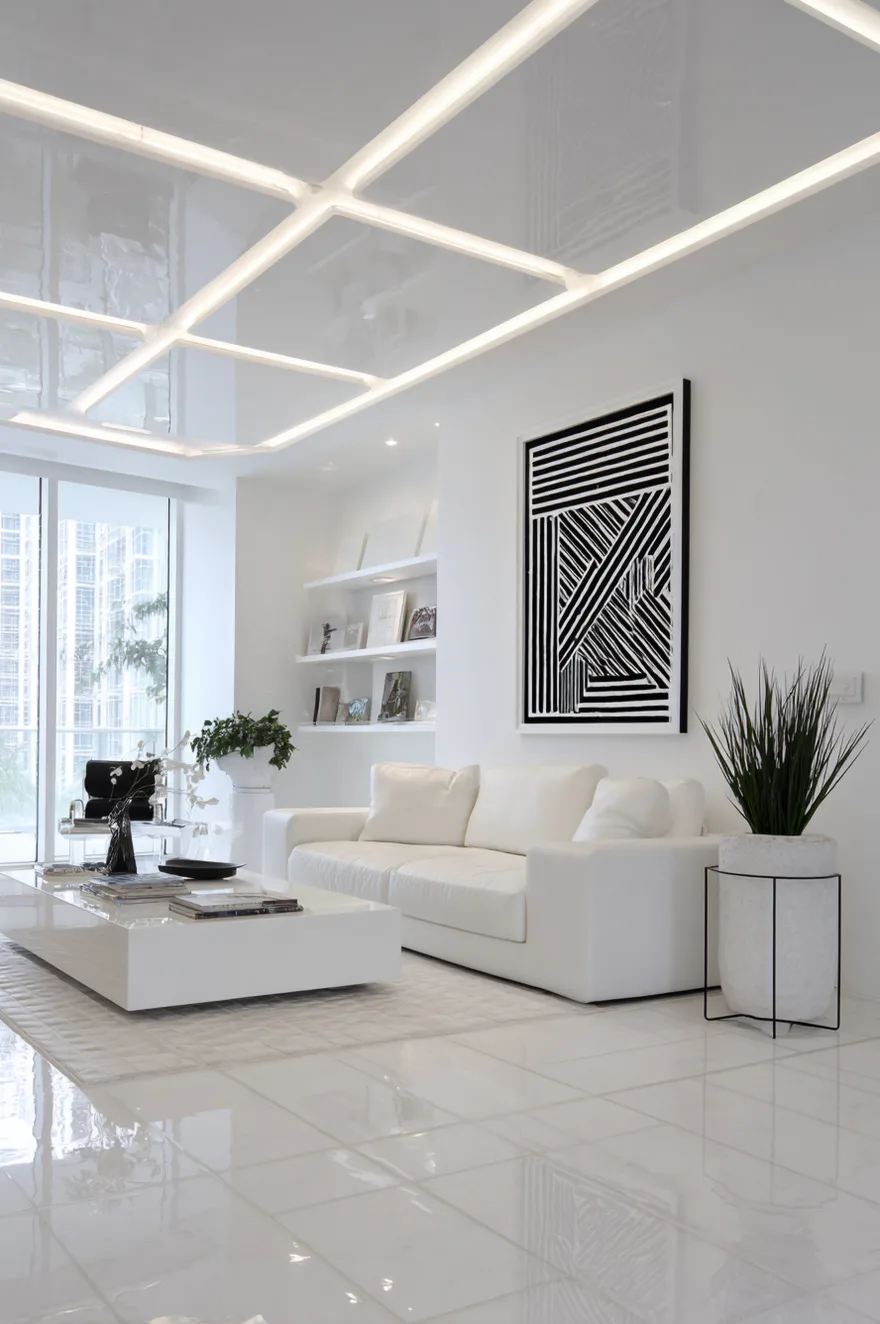 Futuristic modern white living room with grid ceiling lighting, sleek low profile sofa, and black and white geometric art.