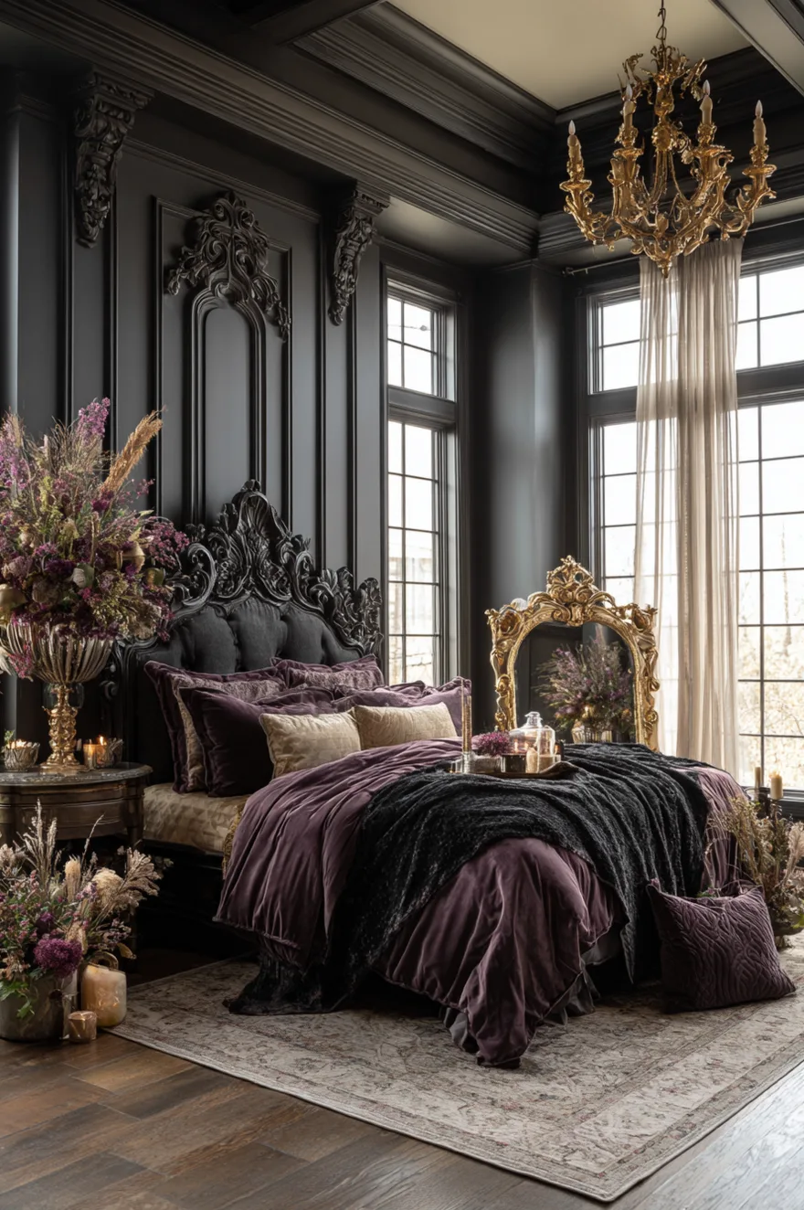 Gothic romance bedroom with black walls, a carved dark wood bed, ornate gold-framed mirror, candelabra lighting, and deep red velvet bedding.