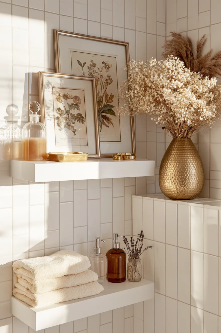 White floating shelves against white vertical subway tile, styled with framed vintage botanical prints, a hammered gold vase with dried baby's breath, and a stack of cream towels.