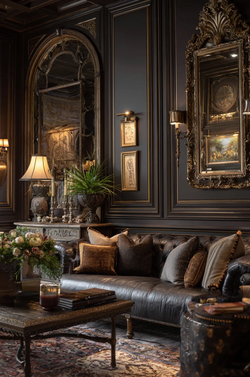 A moody living room with dark gray paneled walls accented by gold molding. Two large, ornate gold mirrors reflect the room's warm lighting, while a dark leather tufted sofa with textured pillows sits on a traditional patterned rug.