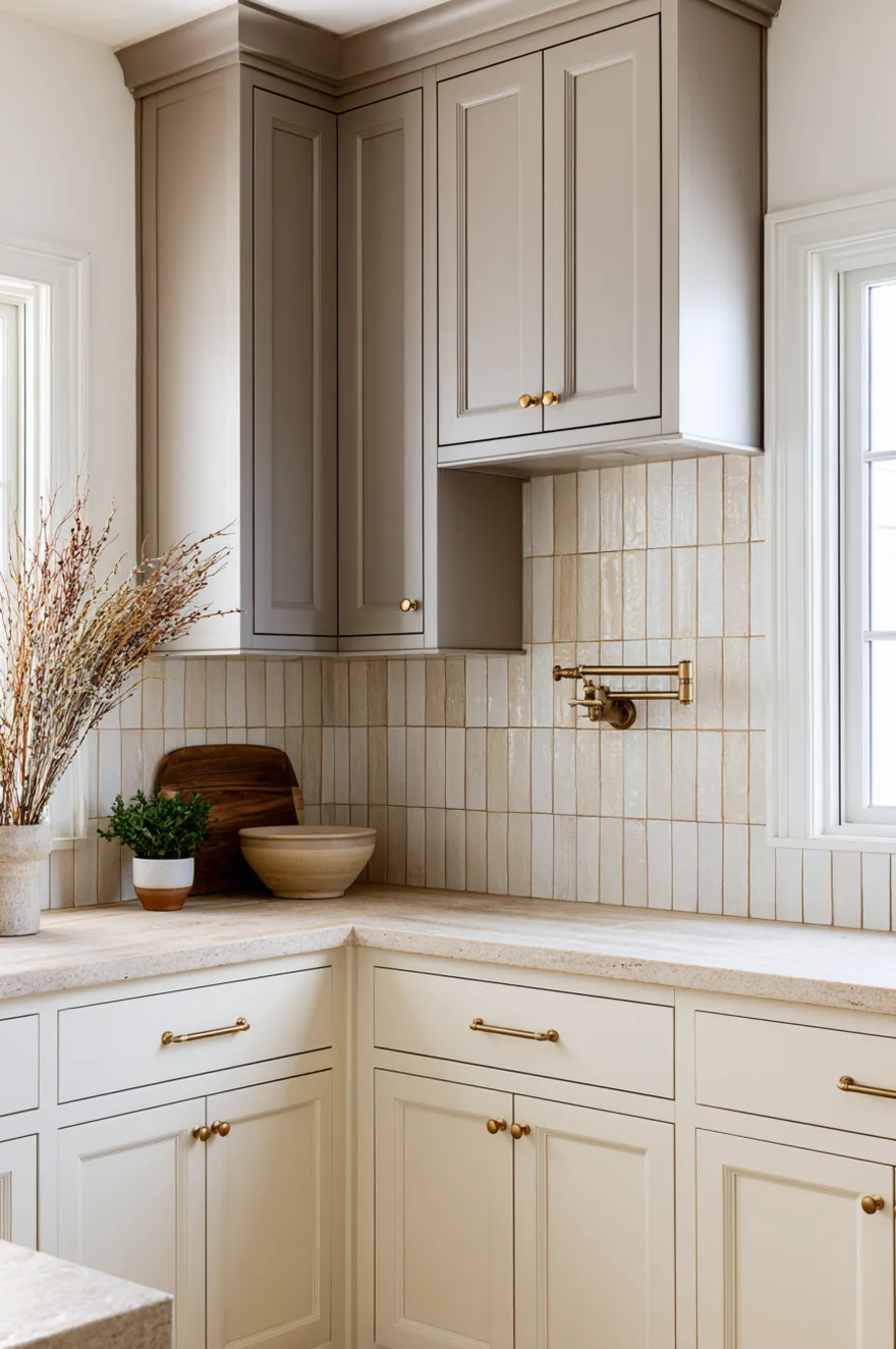 Off-white vertical stack subway tile backsplash, soft taupe upper cabinets with matching crown molding trim, cream lower cabinets, brass cabinet pulls, traditional brass pot filler faucet.