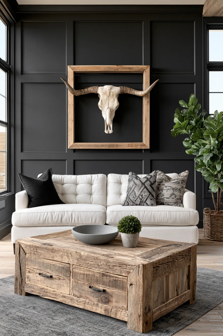 Traditional matte black picture frame wall molding featuring a framed steer skull above a white tufted sofa and a rugged reclaimed wood trunk coffee table.