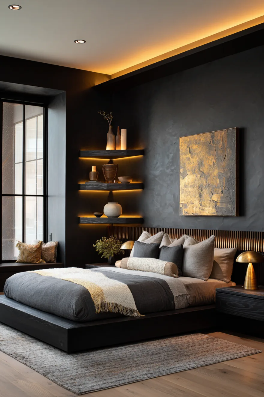 A moody modern bedroom featuring a dark grey platform bed and a black accent wall with vertical wood slat details. Corner floating shelves are illuminated with warm LED backlighting, matching the glow of brass table lamps and large gold abstract art.