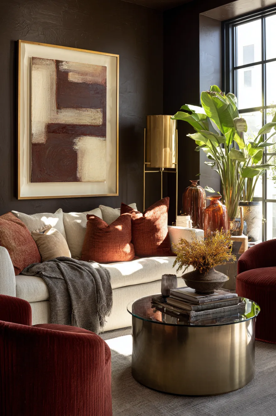 A stylish living room featuring textured brown walls, a rust colored velvet sofa, gold wall sconces, a large gold-framed round mirror, and a brass coffee table.