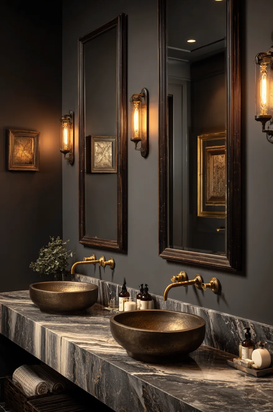 A moody bathroom with dark charcoal walls, a dark marble countertop featuring two bronze vessel sinks, bright brass wall sconces, and tall dark framed mirrors.