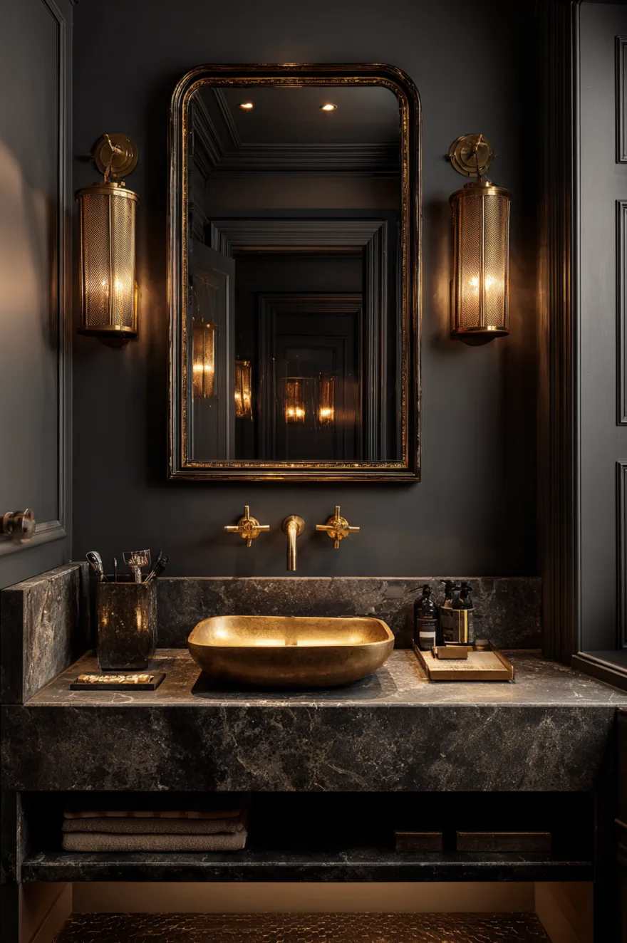 A dark modern bathroom featuring charcoal gray walls, a thick dark marble countertop with a single gold vessel sink, two brass wall sconces, and a black framed mirror.