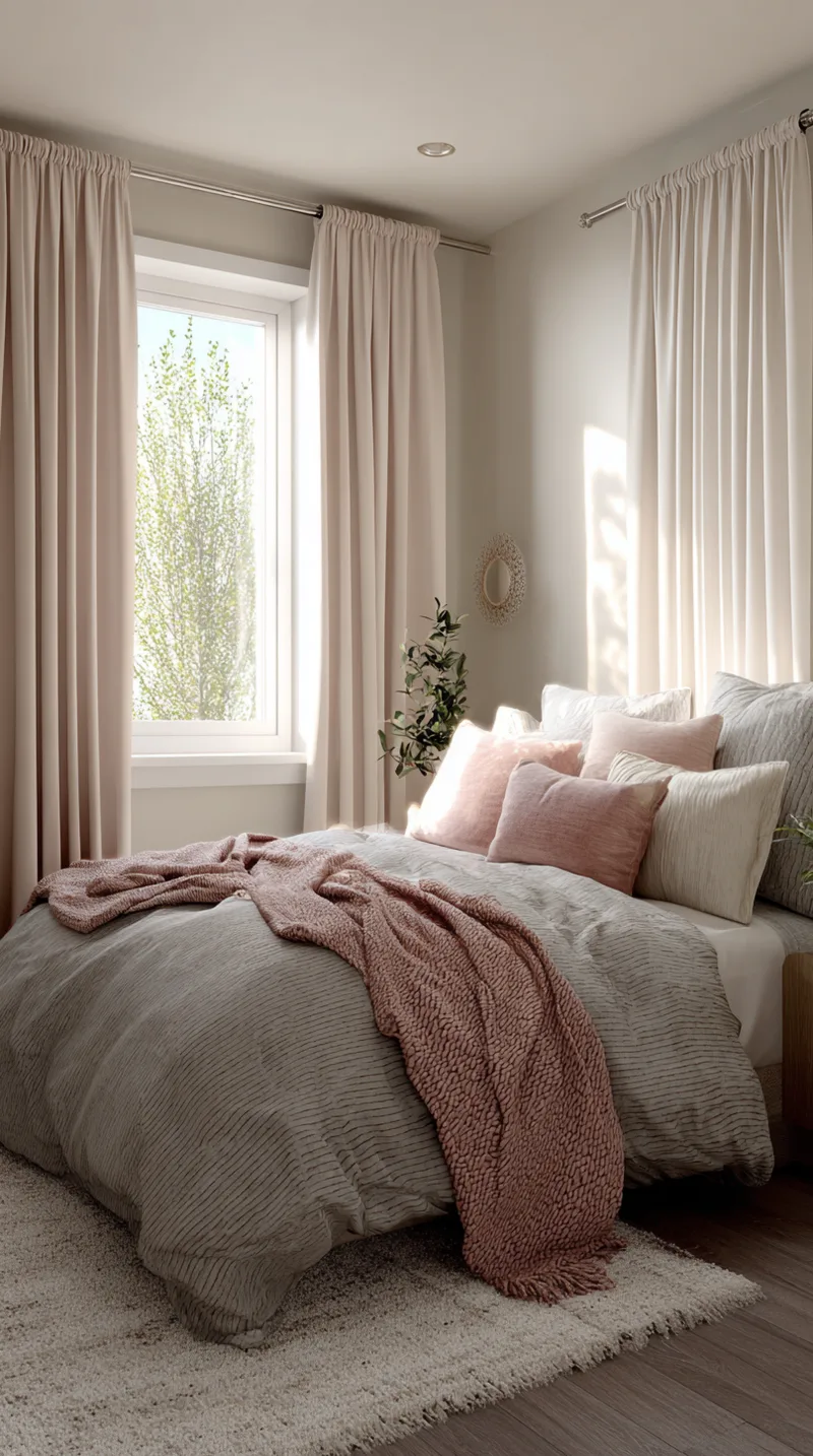 Cozy bed styled with layers of soft pink and grey bedding in a harmonious color palette.