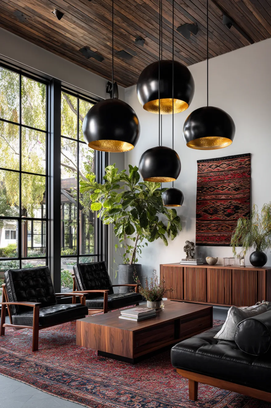 A moody living room setting featuring black leather seating and dark wood furniture resting on a red patterned rug. Large black and gold dome pendant lights hang from a dark wooden ceiling near a tall indoor plant.