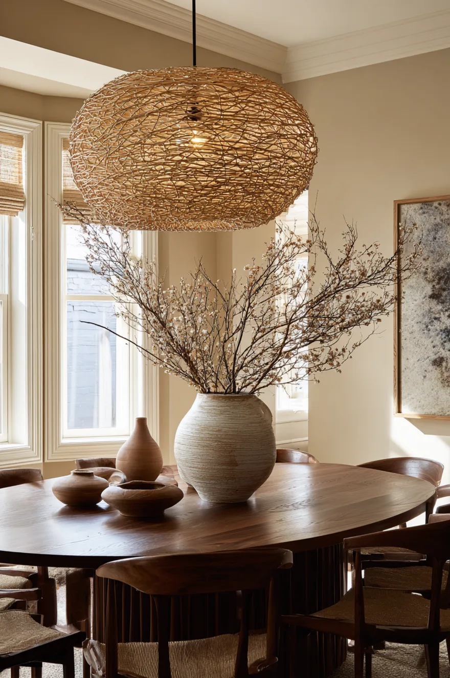 Dining room featuring a large oversized woven pendant light hanging low over a simple wood table.