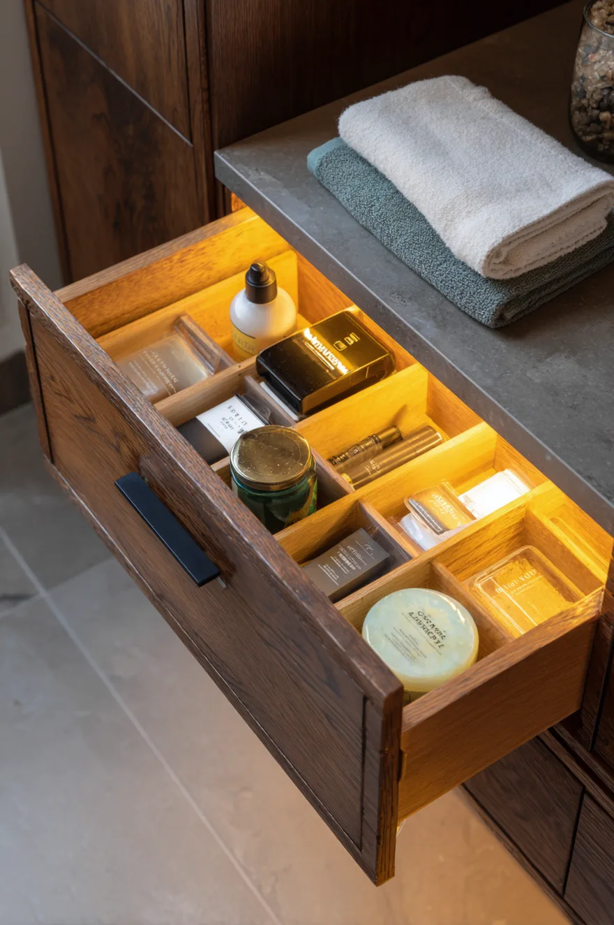 An open deep dark wood bathroom drawer with a silver handle. Bright white LED strip lighting runs along the top interior edge, illuminating the contents. The drawer holds various hair styling tools including a hair dryer, curling irons, round brushes, and hair product bottles.