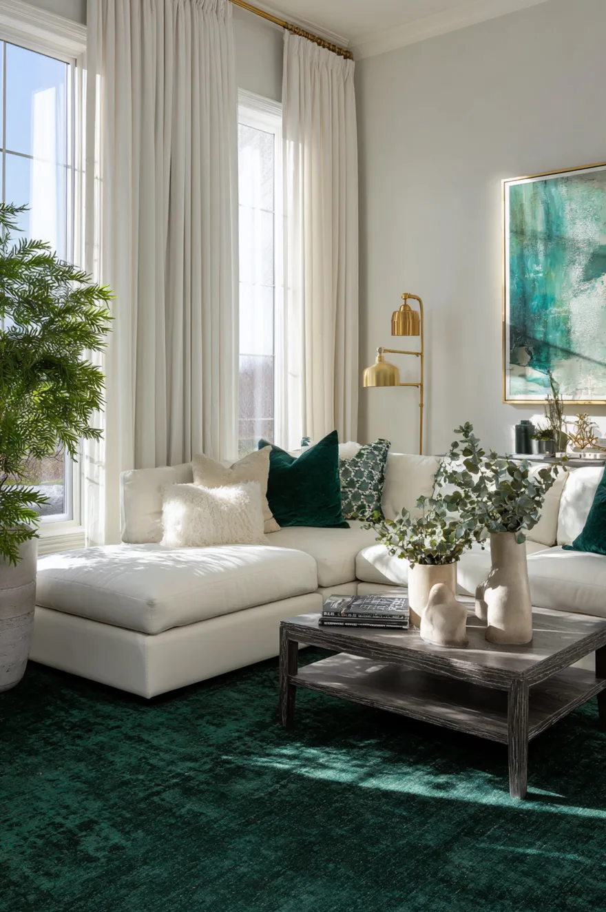 A living room setting with a vibrant emerald green plush rug grounding a white sectional sofa, decorated with green velvet pillows, and a dark wood coffee table.