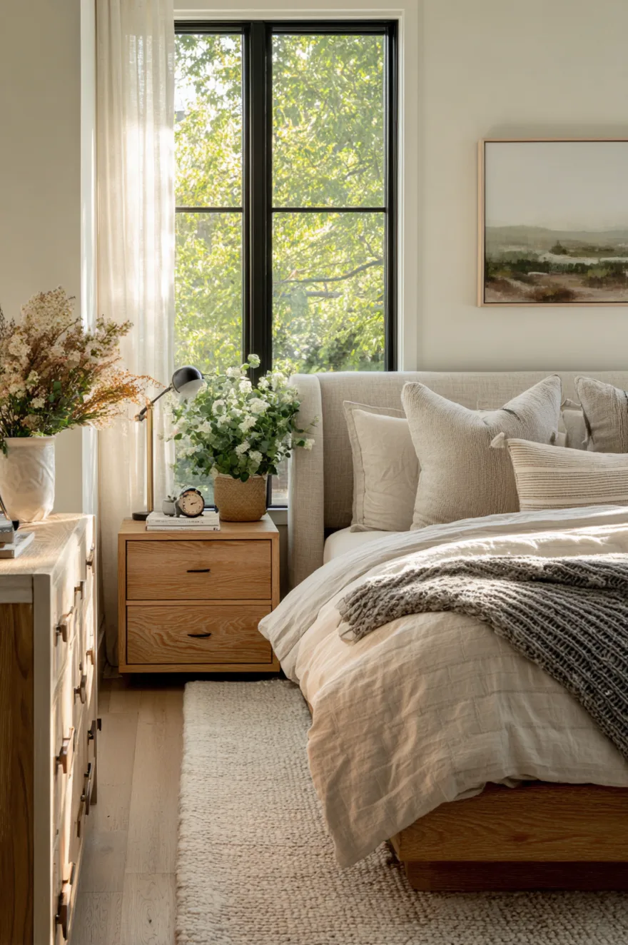 Cozy master bedroom with a wood dresser, linen bedding, and large window view, designed without a TV.