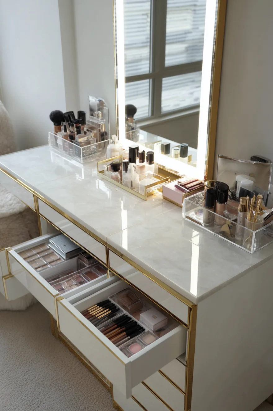 A wide, modern vanity setup with sleek white chest-of-drawers style cabinets on both sides (Ikea style). A very large, bright rectangular mirror dominates the wall above a clean desk surface holding clear organizers. A neutral plush stool sits on a textured rug underneath the setup.