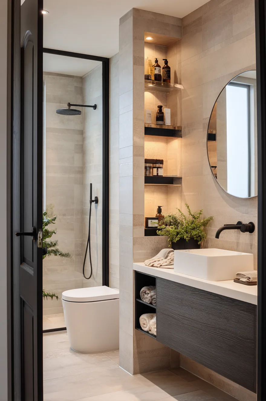 A long, narrow bathroom completely clad in textured beige vertical subway tile. Warm LED strip lighting runs along the ceiling perimeter. A light wood floating double vanity with two white undermount sinks and gold fixtures sits under a long mirror. At the far end, a simple white wall-hung toilet is positioned against the back wall.