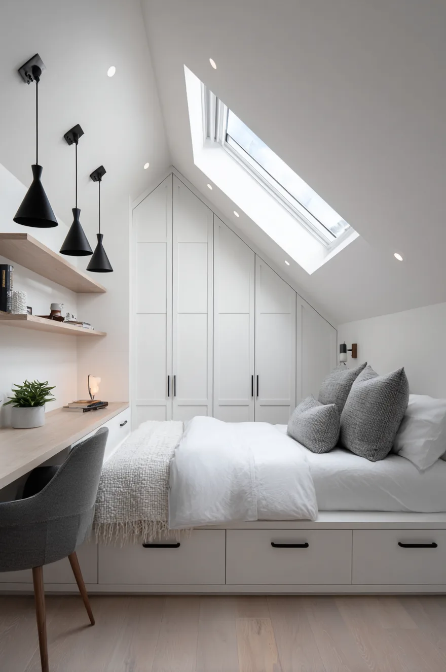 A narrow attic bedroom featuring a twin-sized bed built into a cozy alcove along a low slanted wall. The built-in bed platform includes white storage drawers underneath. A colorful patterned runner rug sits on the wood floor next to a white nightstand.