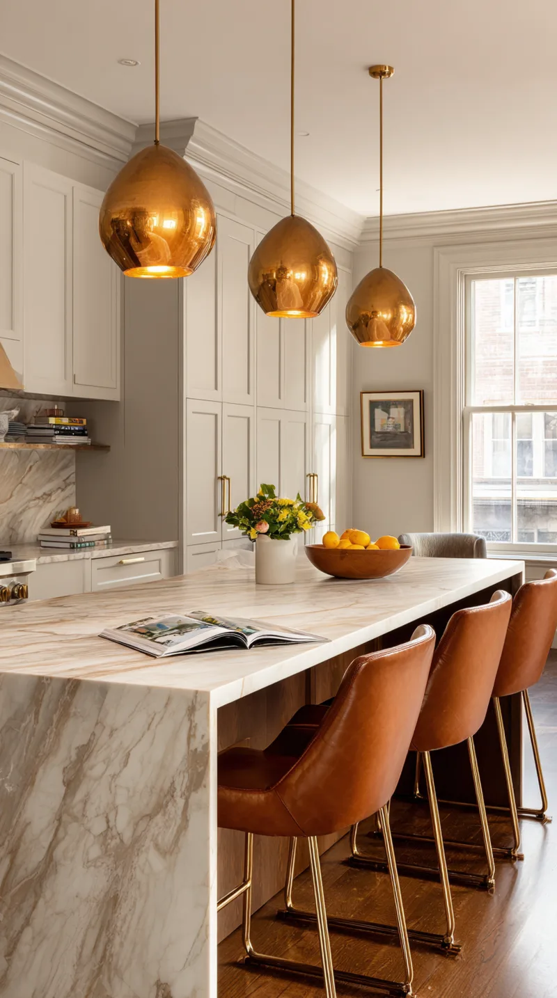 Cognac leather counter stools lined up at a large marble kitchen island with gold pendant lighting overhead.