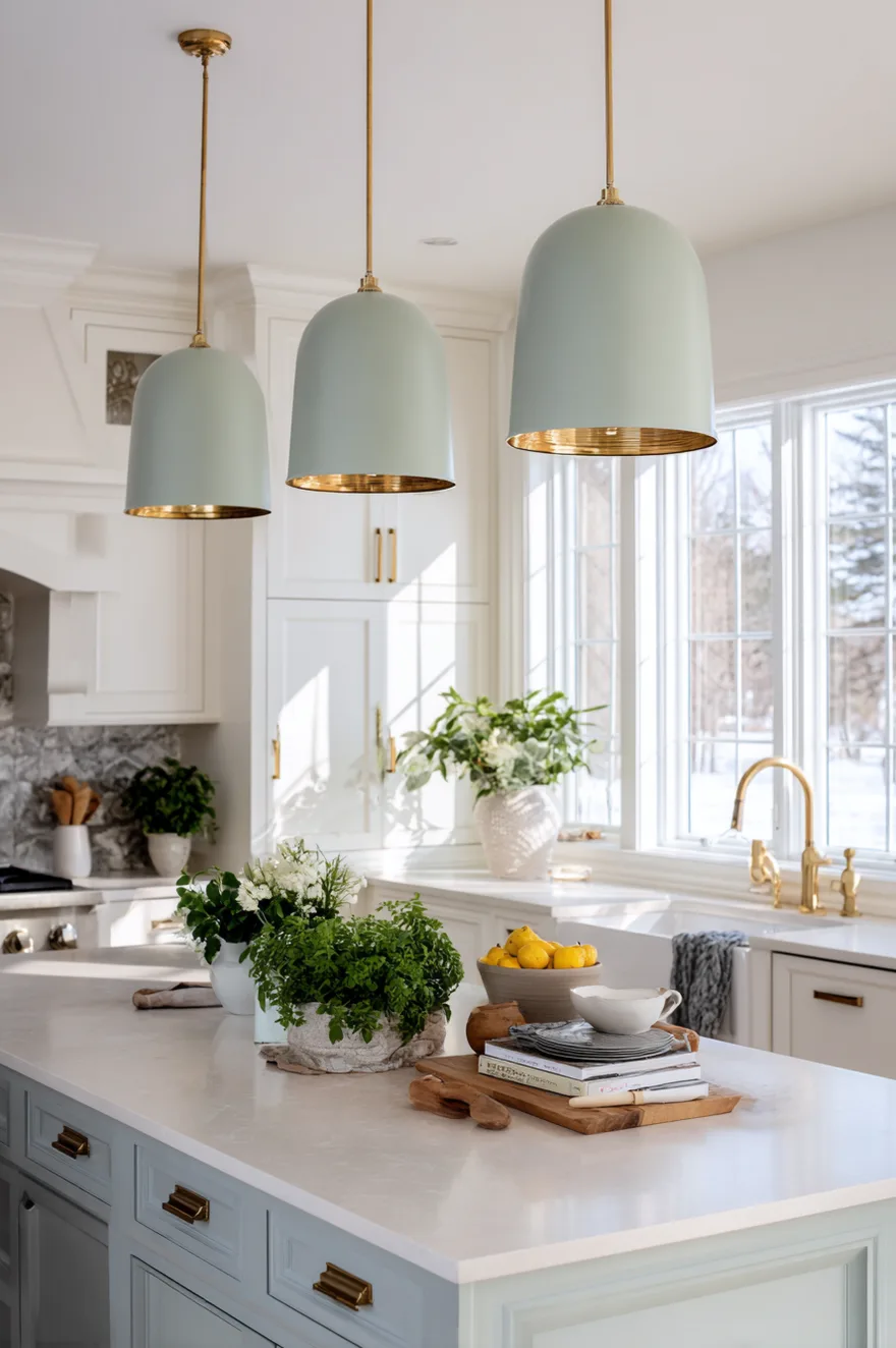 Soft sage green dome kitchen pendant lights over island complementing a kitchen with white cabinets and gold hardware.