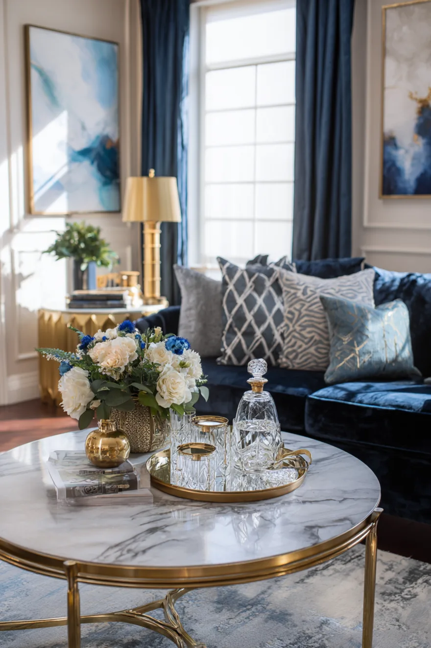 Close-up view of a large rectangular coffee table featuring a polished white marble top and a solid brass base. A gold tray with a white candle and a book sits on the marble surface, resting on a geometric patterned rug near a blue velvet sofa.