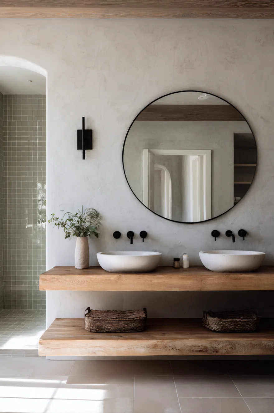 A minimalist bathroom design featuring a thick floating wood vanity shelf and a matching lower shelf for storage. Two white basin sinks sit below black wall-mounted faucets. A single, oversized round mirror with a thin black frame is centered above the sinks against a textured light grey plaster wall.