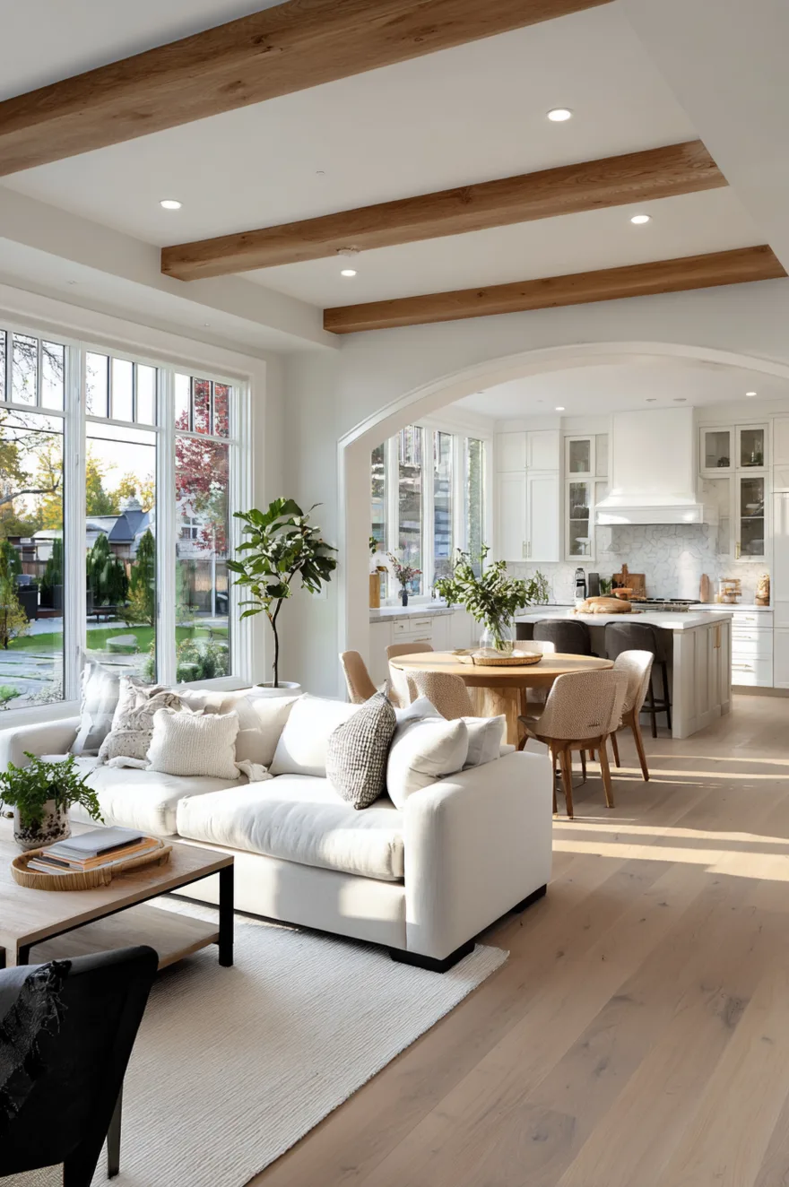 A wide open concept living space with light wood floors, featuring a white sofa and a round wooden dining table. Smooth wood ceiling beams lead the eye toward a bright white kitchen framed by a subtle archway.