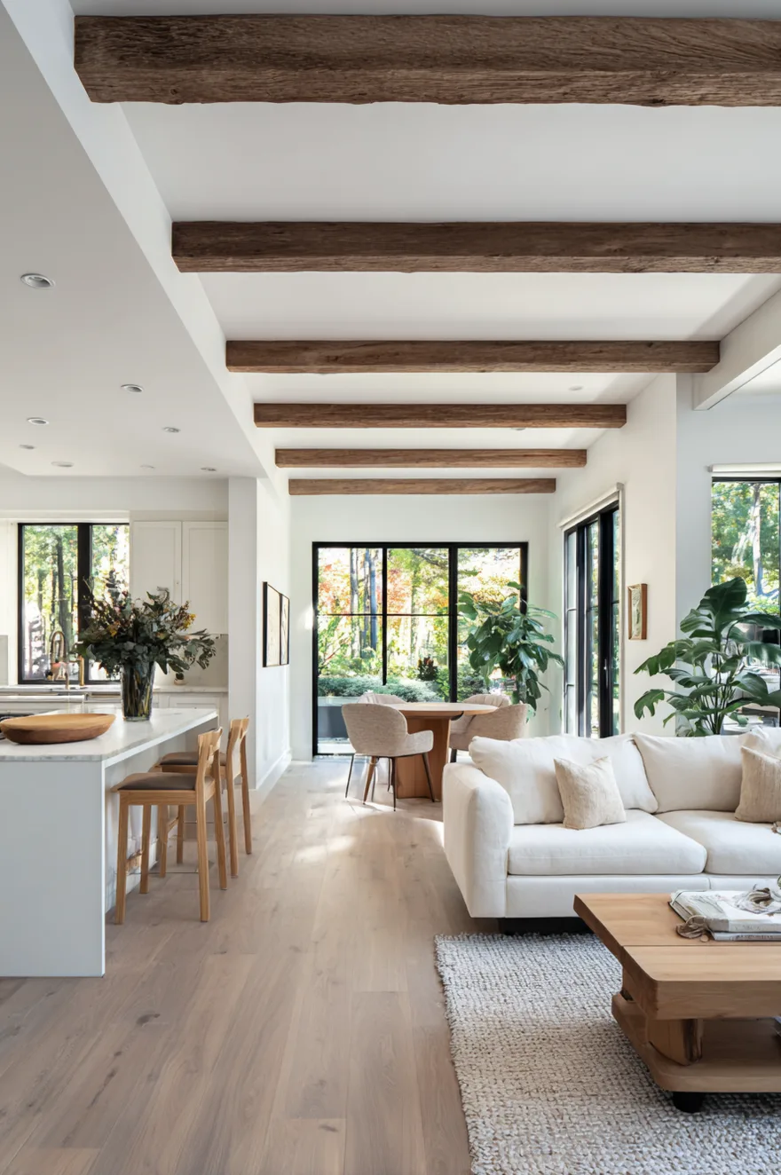 An open floor plan home showing a white living room sofa, a round dining table near large glass doors, and a white kitchen island with wooden stools. Flat wood beams run across the white ceiling, tying the different areas together.