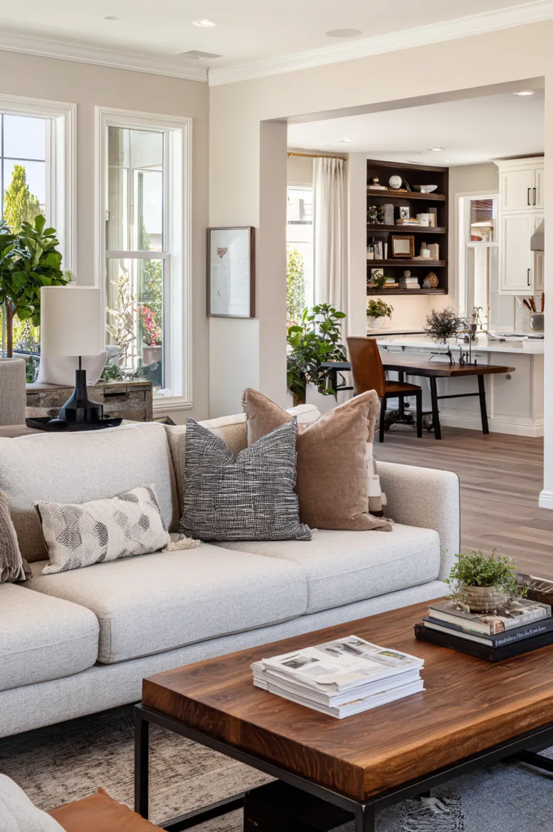 Open concept living area featuring a sleek wooden desk and leather chair positioned behind the sofa for a home office.