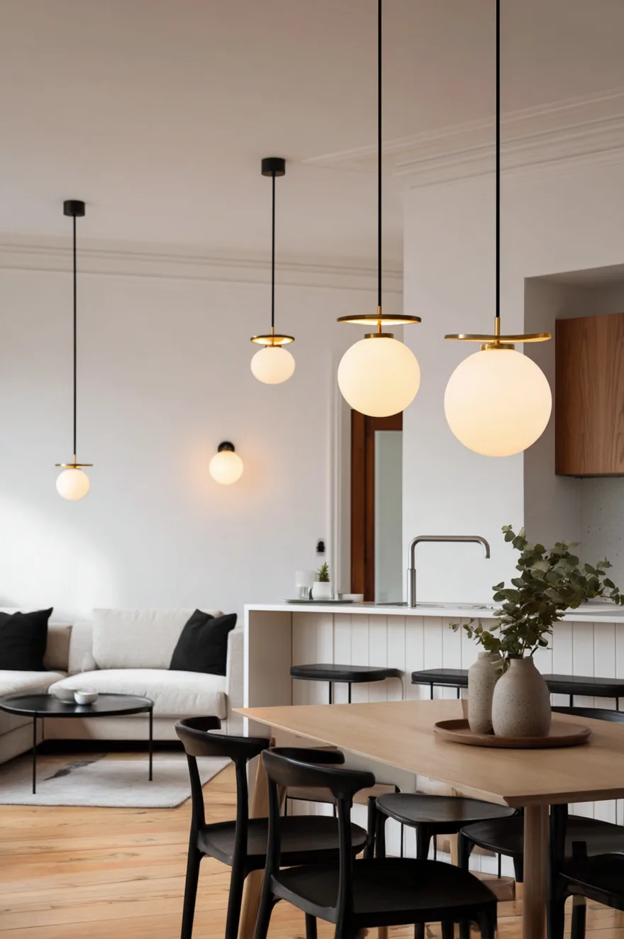 An open-concept living and dining area featuring a light wood dining table surrounded by curved black chairs in the foreground. Behind it, a white kitchen island with vertical paneling is lined with low-back black stools. Three identical pendant lights, featuring frosted glass globes and brass accents, hang in a line above the island, while another matching pendant defines the seating area in the background.