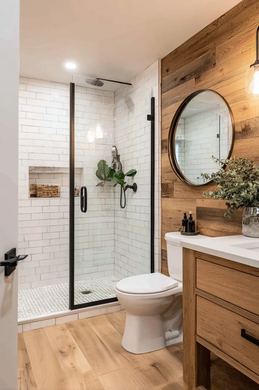 A warm bathroom design showcasing a rustic reclaimed wood plank accent wall behind a white toilet and a round mirror. Adjacent to the wood wall is a walk in shower featuring white subway tiles, a black framed glass door, and black shower fixtures. A light wood vanity completes the natural look.