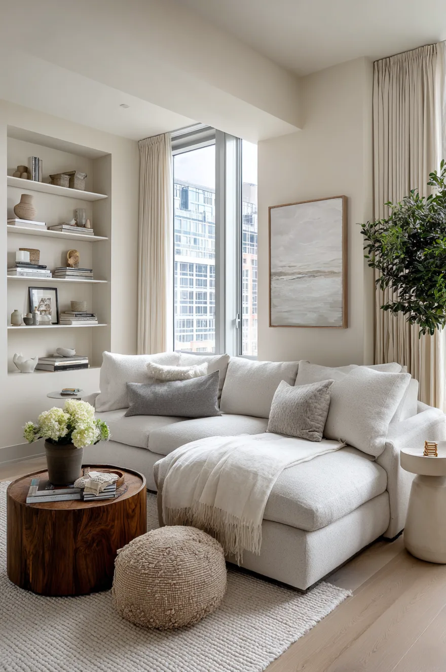 A compact and bright apartment living room featuring a small grey L-shaped sectional sofa styled with green velvet pillows. A round wooden coffee table sits on a textured rug near a large window.