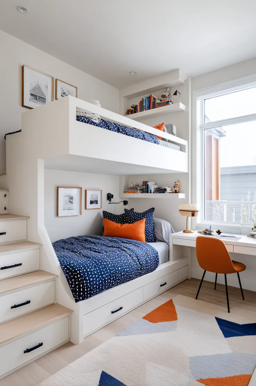 A small boys bedroom featuring a grey metal bunk bed with white bedding, a blue area rug, and a compact desk area against white walls.