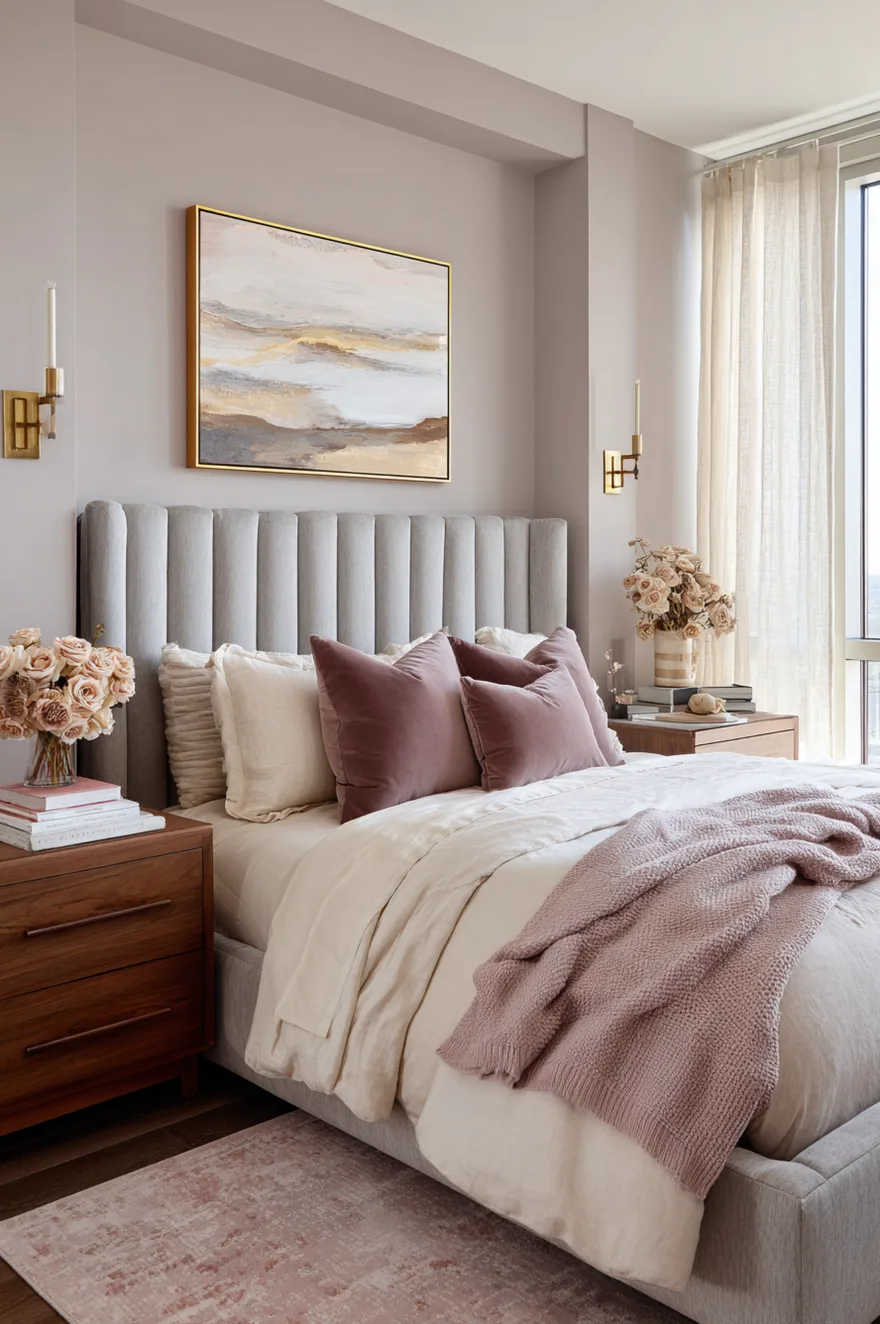 A bedroom with pale mauve walls and a tall gray channel tufted headboard. The bed is layered with cream linens, dusty mauve velvet pillows, and a textured mauve throw. Warm brass sconces are mounted above dark wood nightstands.