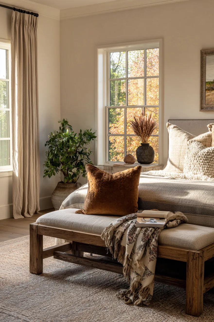 Rustic wooden bench with a beige cushion sitting at the foot of a bed, styled with a rust-colored velvet pillow, a patterned throw blanket, and open books. A large green houseplant in a textured pot stands in the corner next to a window framed by beige linen curtains.