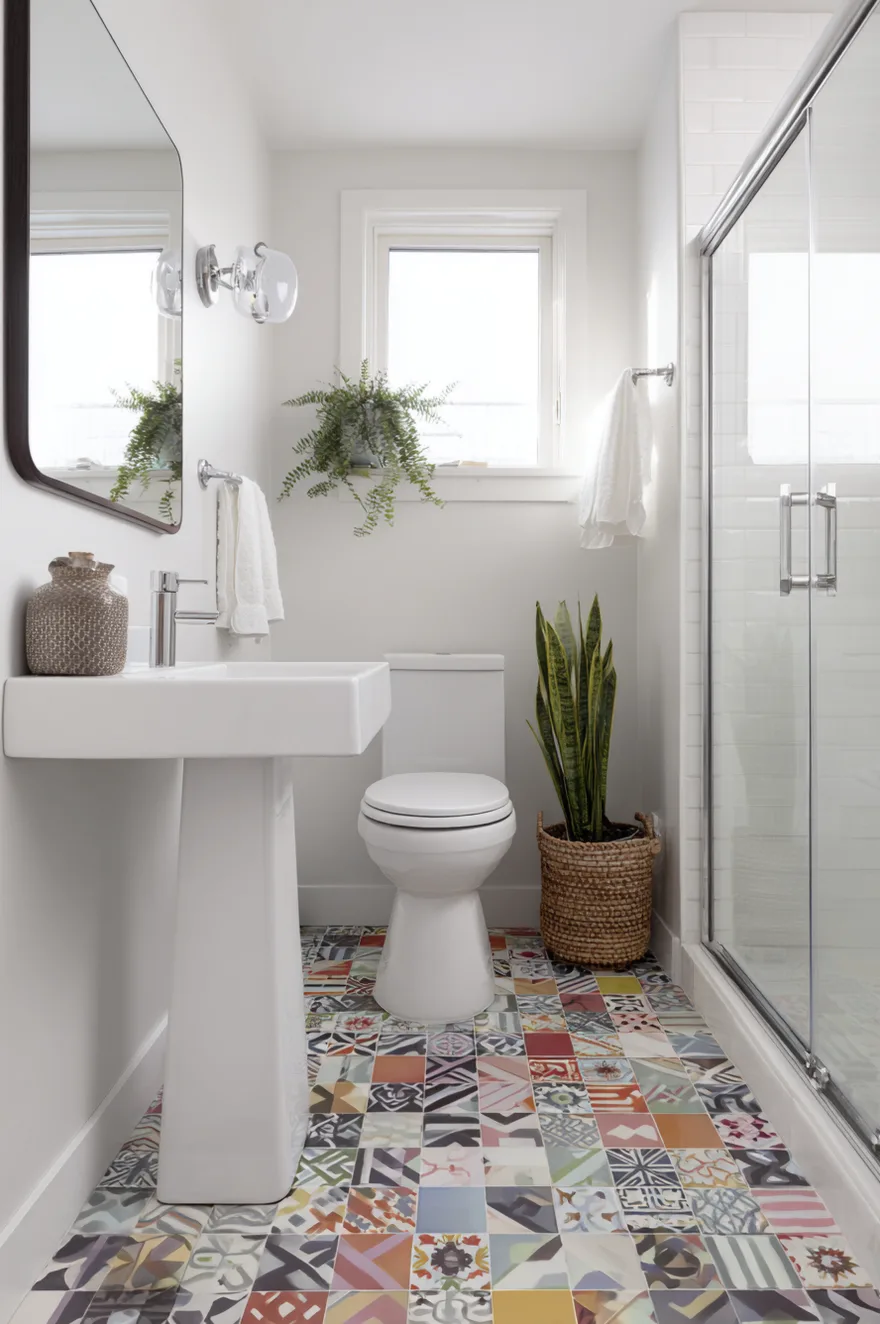 A bathroom featuring unique blue and grey patterned cement floor tiles, paired with white wainscoting walls and a classic white bathtub with brass fixtures.