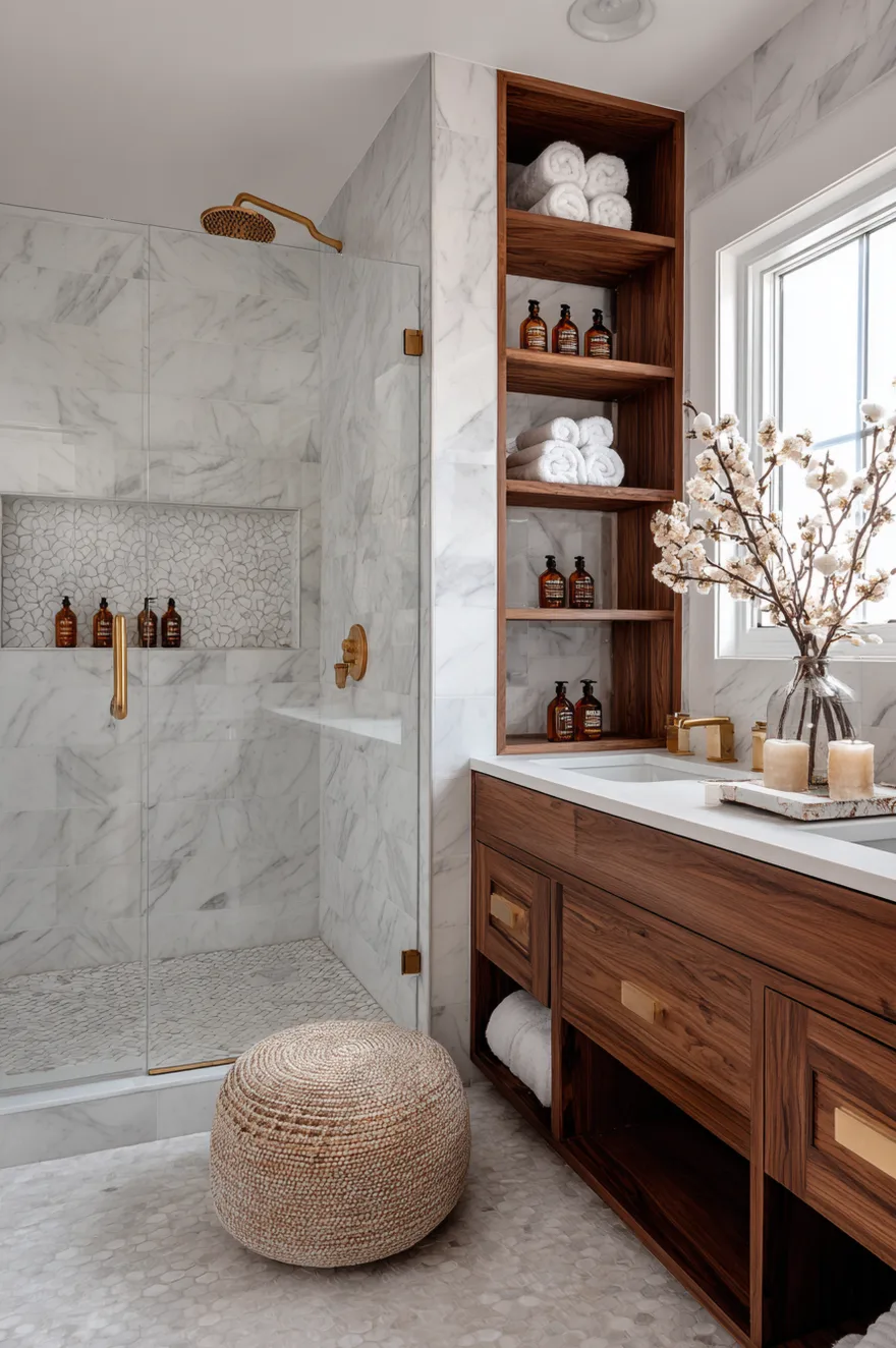 A white marble tiled walk-in shower featuring a large floor-to-ceiling built-in storage niche with rich wood shelves filled with towels and amber bottles, positioned next to a dark wood double vanity.
