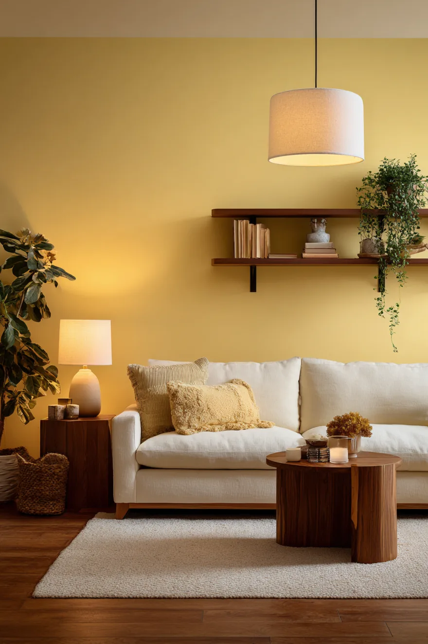 Butter yellow matte painted walls under warm 2700K lamplight with walnut side tables, a cream linen sofa, and warm table lamps in an evening living room.