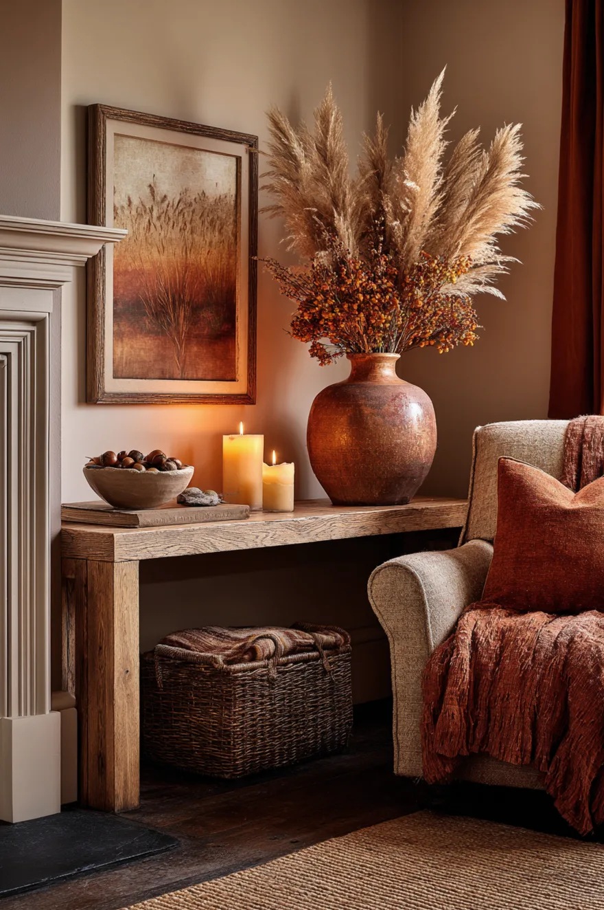 Slim oak console styled for fall with dried pampas stems in a rust-glazed vase, a chunky beeswax candle, a small bowl of acorns, and a wool rust-toned throw on a nearby armchair.