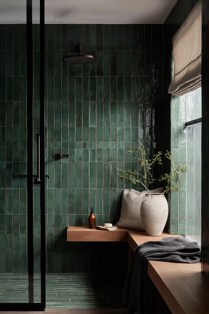 Dark moody walk in shower tiled floor to ceiling in hand-glazed forest green zellige, matte black rain head, frameless glass entry, and white oak floating bench.