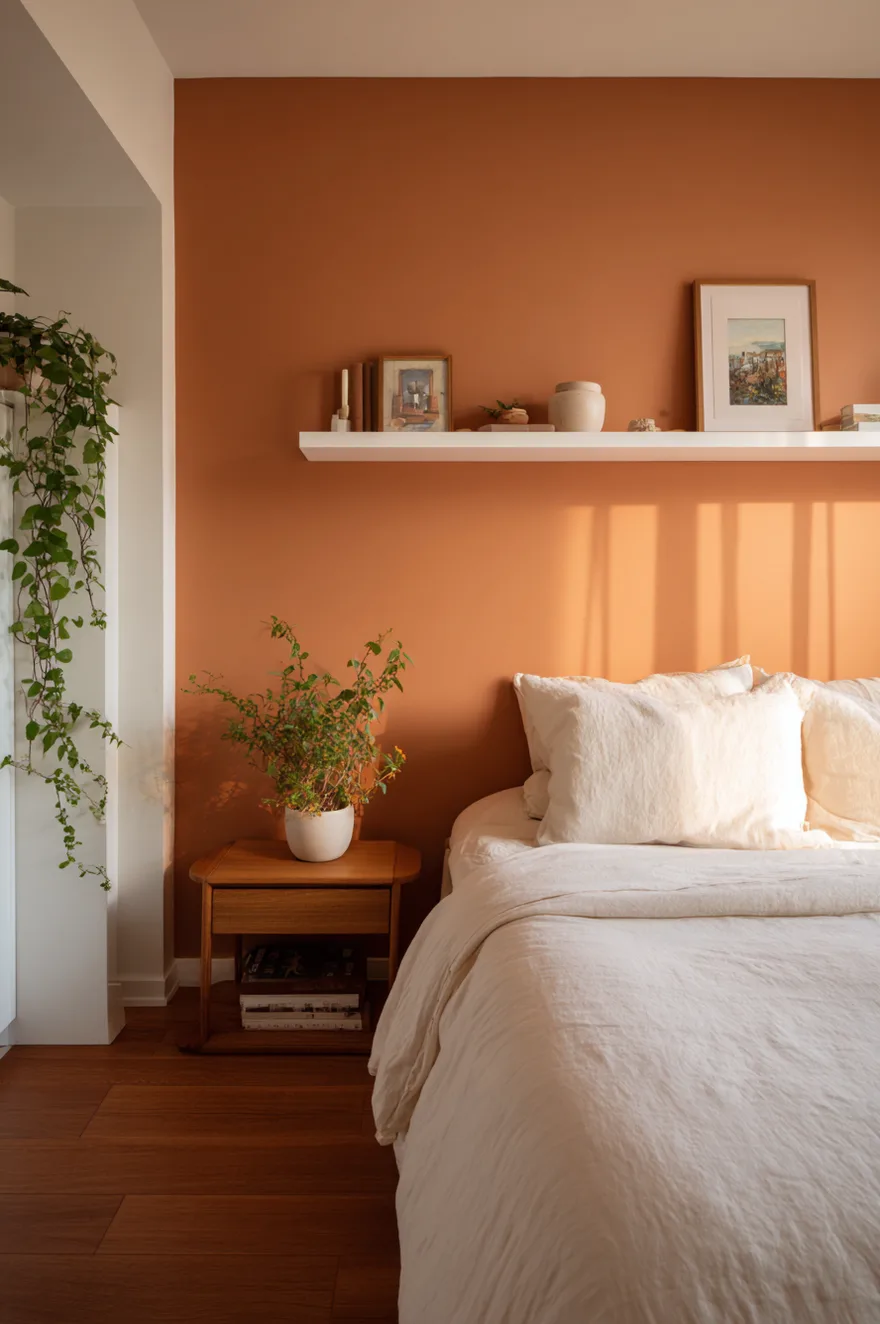 Two small powder-coated white floating shelves on a warm terracotta bedroom accent wall with a ceramic incense holder, a leaning framed photo, and a trailing ivy in a white pot.