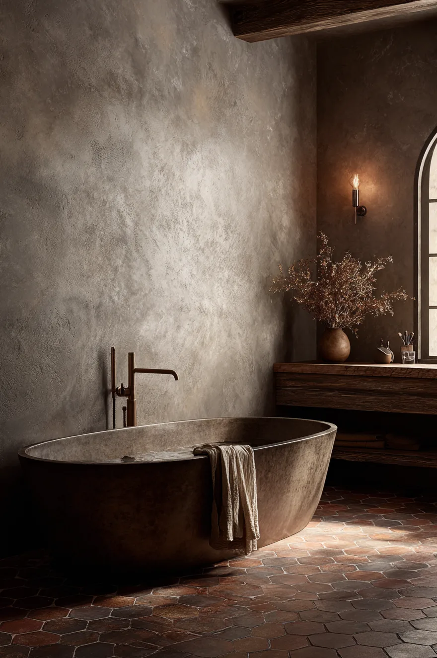 Warm greige limewash plaster walls with tonal variation, a brushed-bronze freestanding tub filler, terracotta hexagon floor tiles, and smoked-oak floating vanity in low evening sconce light.