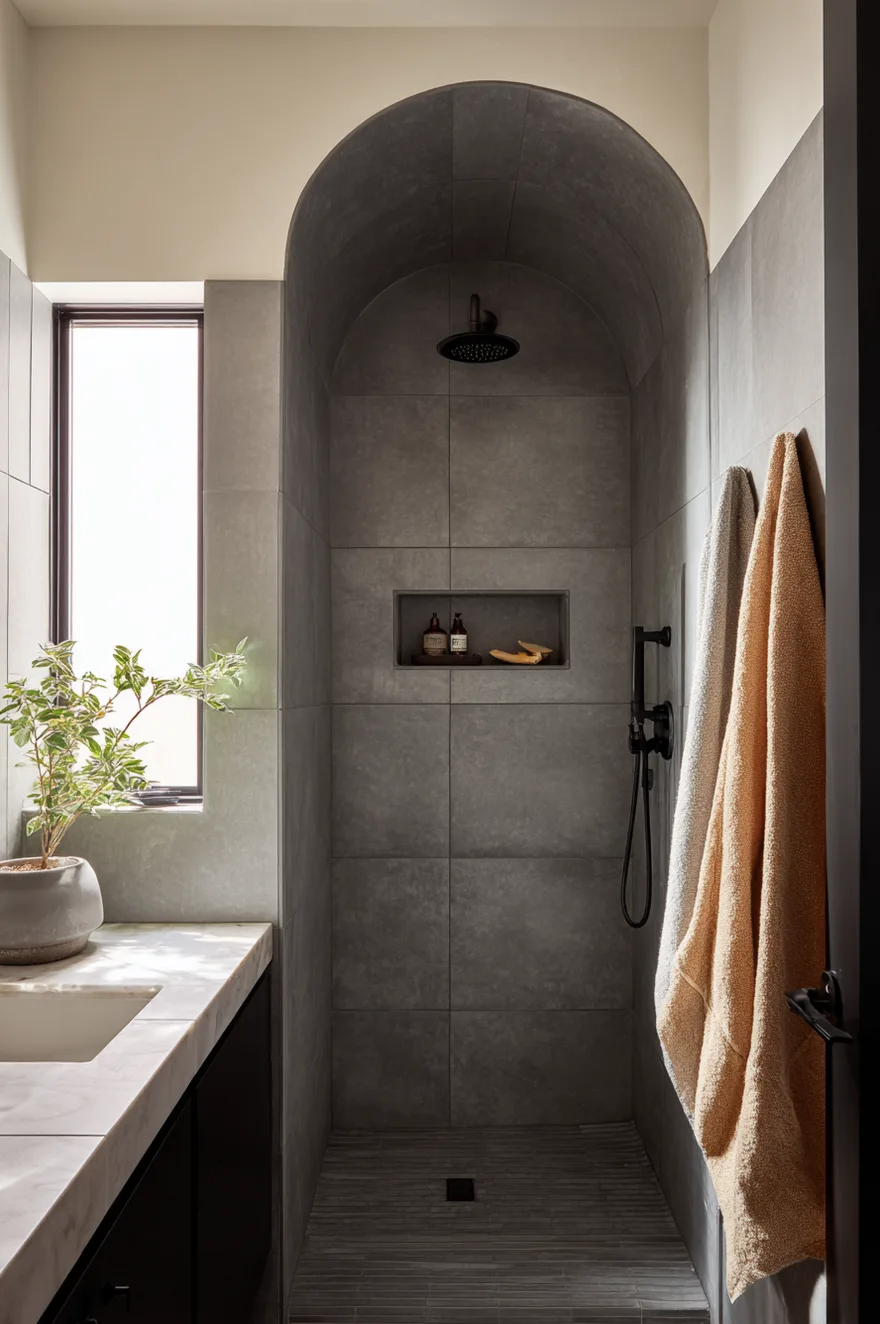 Full-height arched shower niche tiled in contrasting handmade white ceramic against a main dark slate surround with a matte black shower fixture and a folded washcloth on the niche shelf.