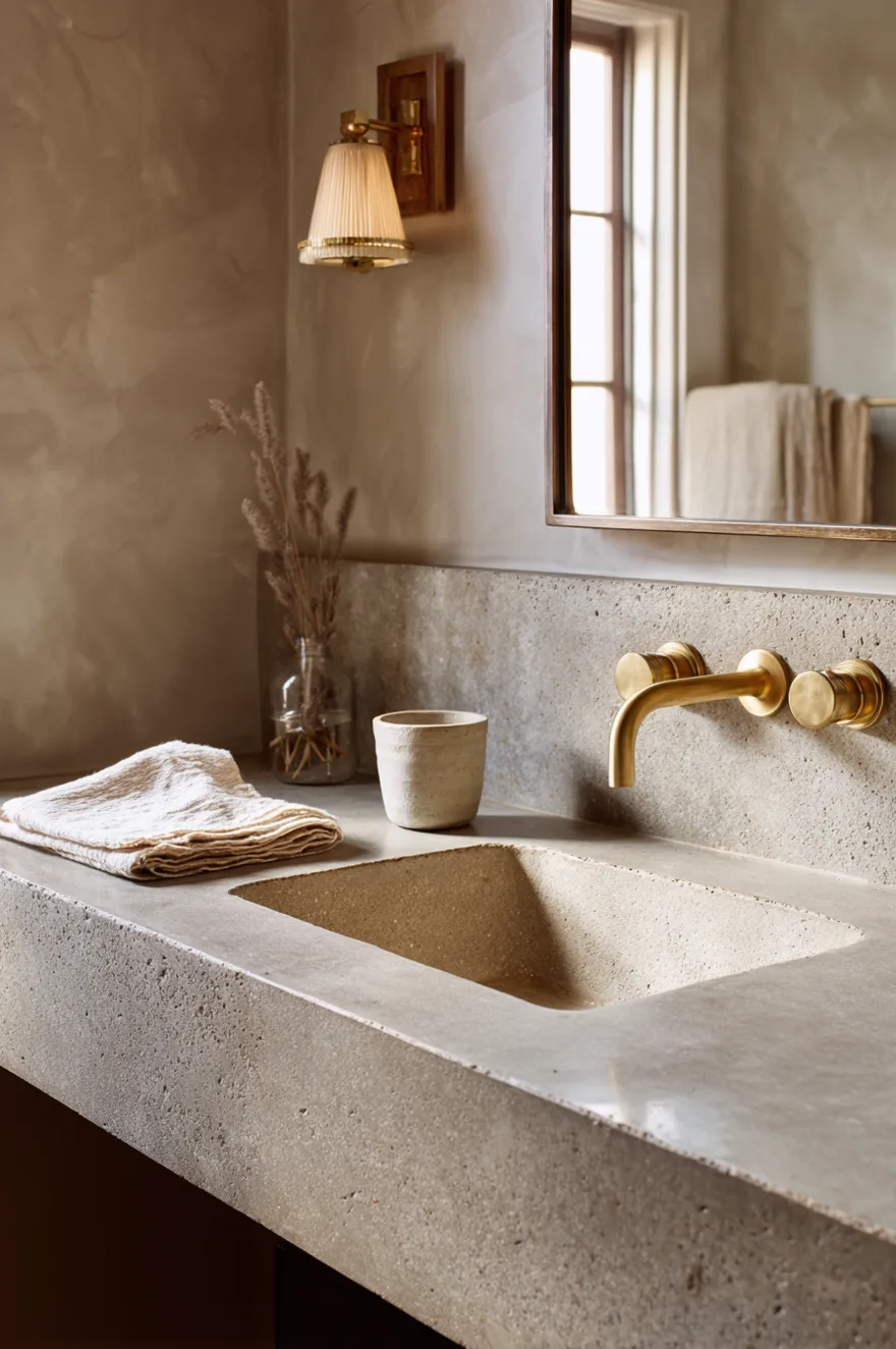 Polished concrete countertop in pale sand aggregate with a matte sealed finish on a guest bath vanity, unlacquered brass faucet, and a folded linen hand towel on warm greige plaster walls.