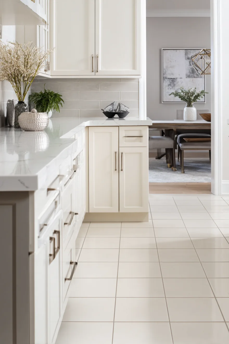 Large-format cream kitchen tile floor with near-invisible 1/16-inch grout joints at counter level beside a white marble countertop edge and brushed nickel hardware in cool natural light.