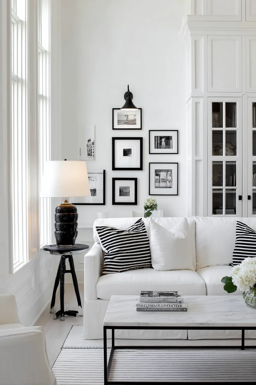 Bright white living room with high ceilings punctuated by black photo frames, a black lamp, and graphic striped pillows.